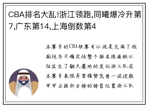 CBA排名大乱!浙江领跑,同曦爆冷升第7,广东第14,上海倒数第4